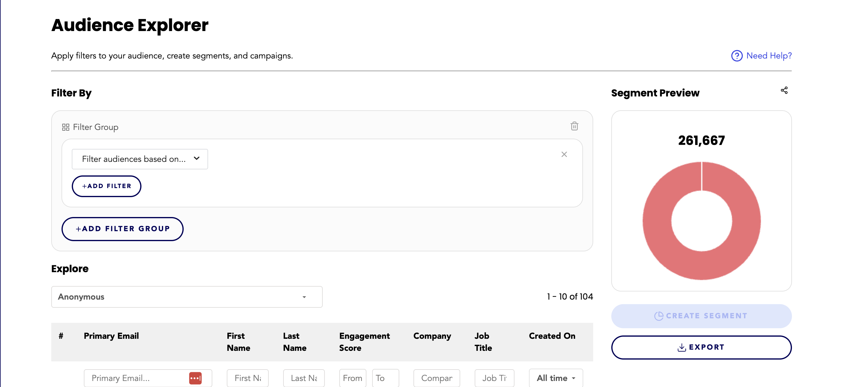 Alchemist Engage Audience Explorer with audience filters and a segment preview.