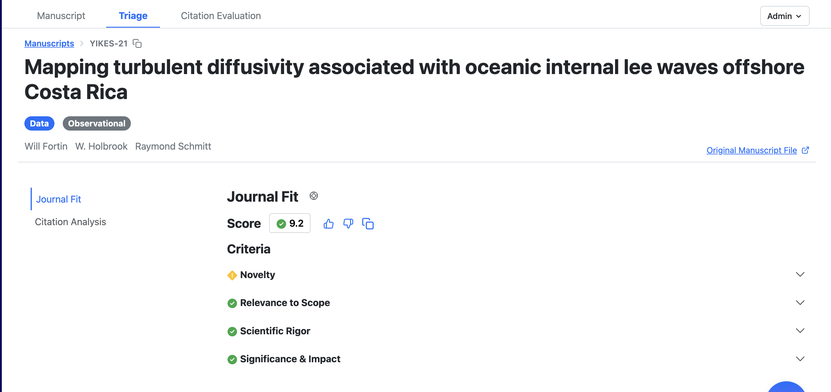 Alchemist Review manuscript Triage workspace showing Journal Fit analysis and its assessment criteria.